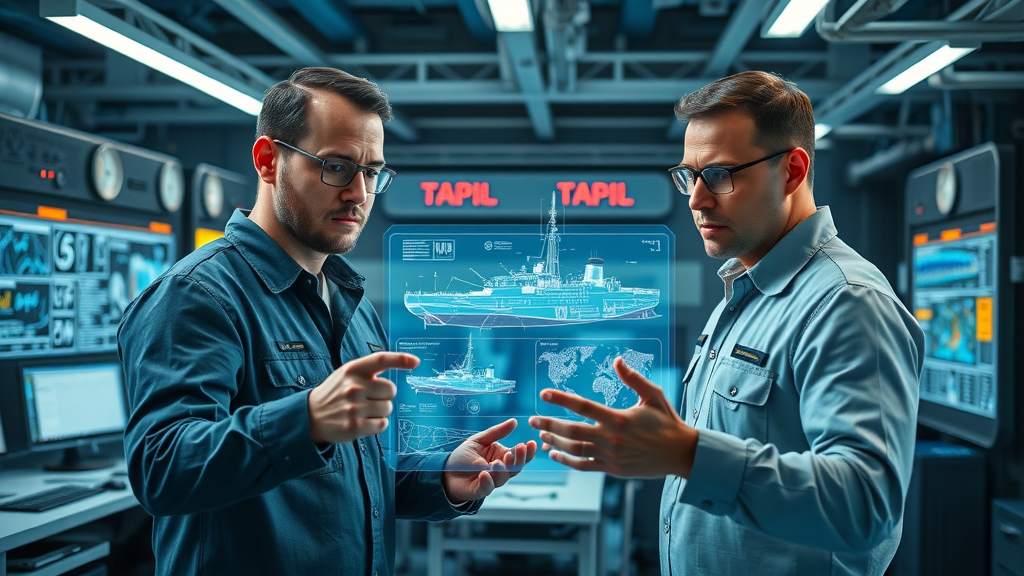 modern Ingalls Shipbuilding engineering workspace with AI-driven holographic ship blueprints and engineers