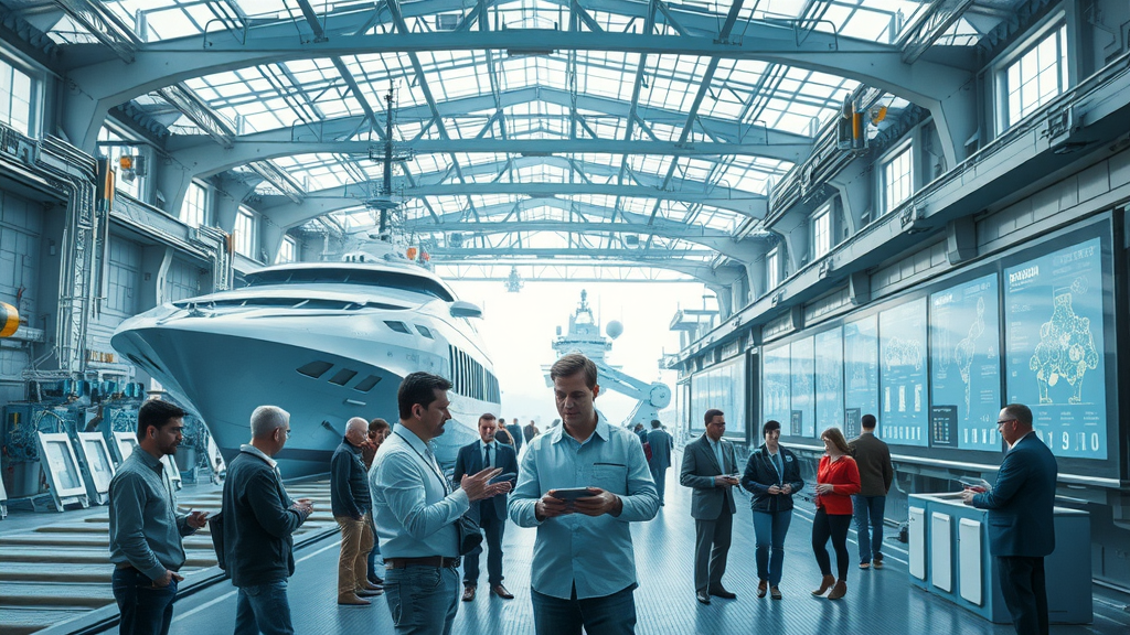 futuristic shipyard with engineers, robotic arms, and digital fleet displays, ai shipbuilding