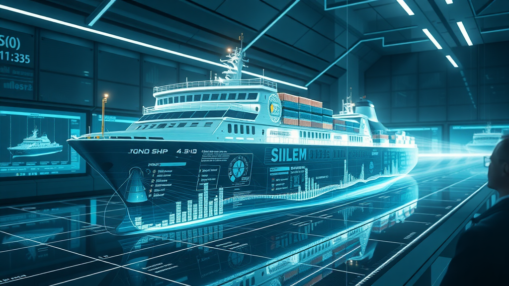 dynamic 3D digital twin of cargo ship, shipyard ai, digital thread analytics