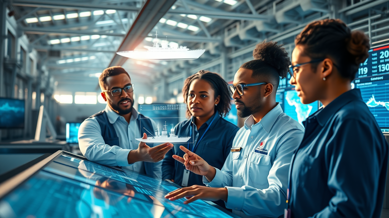leading maritime engineers using AI for ship design in modern shipyard, shipyard ai