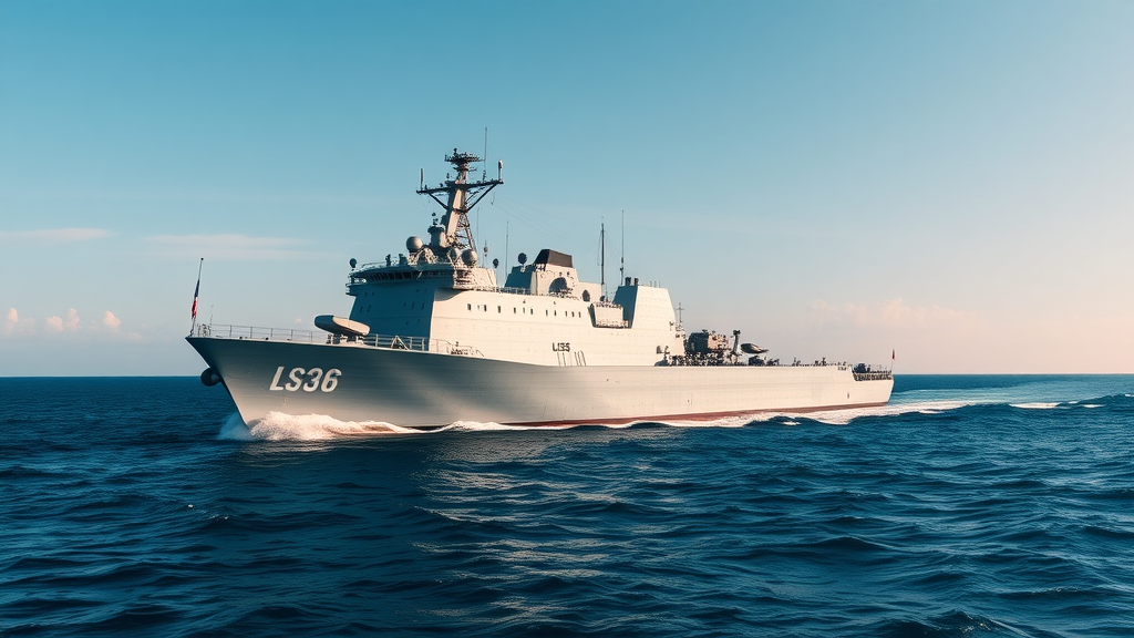 Majestic USS Anchorage LSD-36 at sea, resolute, cutting through calm Pacific waters, navy blue ocean with clear skies and subtle clouds, dynamic reflection, flight deck visible, United States naval vessel