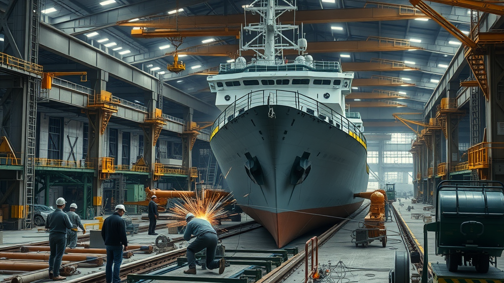 Industrial shipyard construction of USS Anchorage LSD-36, focused workers welding and assembling the steel hull, shipyard scaffolding, naval shipyard, United States Navy