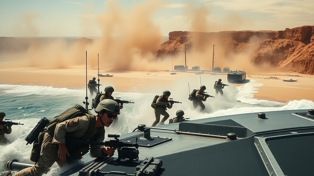 USS Anchorage LSD-36 in Operation Desert Storm, amphibious assault, marines and landing craft in action, desert coastal background, United States Navy dock landing ship