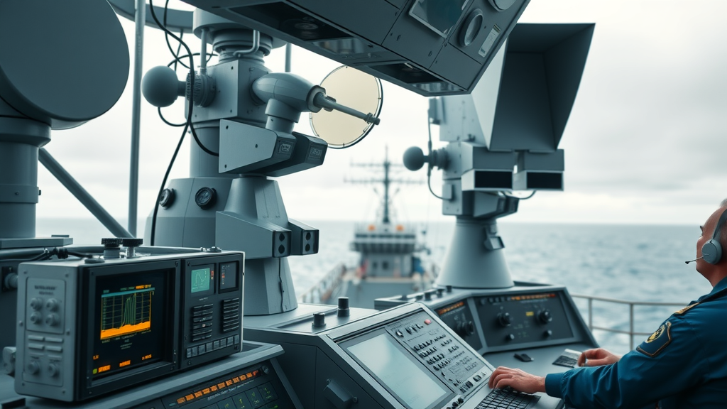 Modern naval radar and communications array on USS Anchorage LSD-36, crew operating high-tech equipment, bridge, United States Navy vessel, detailed ship’s technology