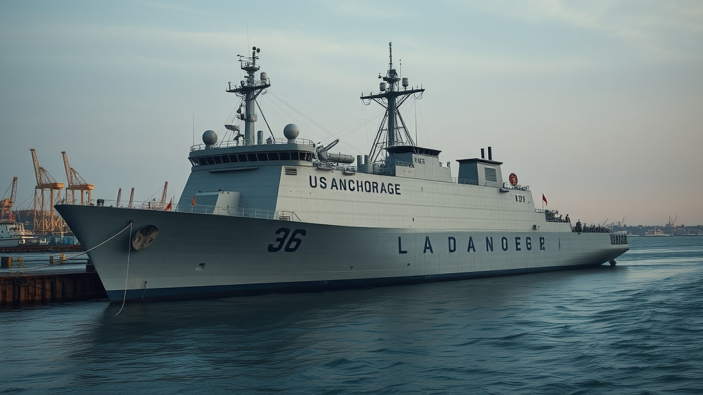 Decommissioned USS Anchorage LSD-36 docked quietly, weathered hull, quiet harbor, United States naval shipyard, San Diego, dusk lighting