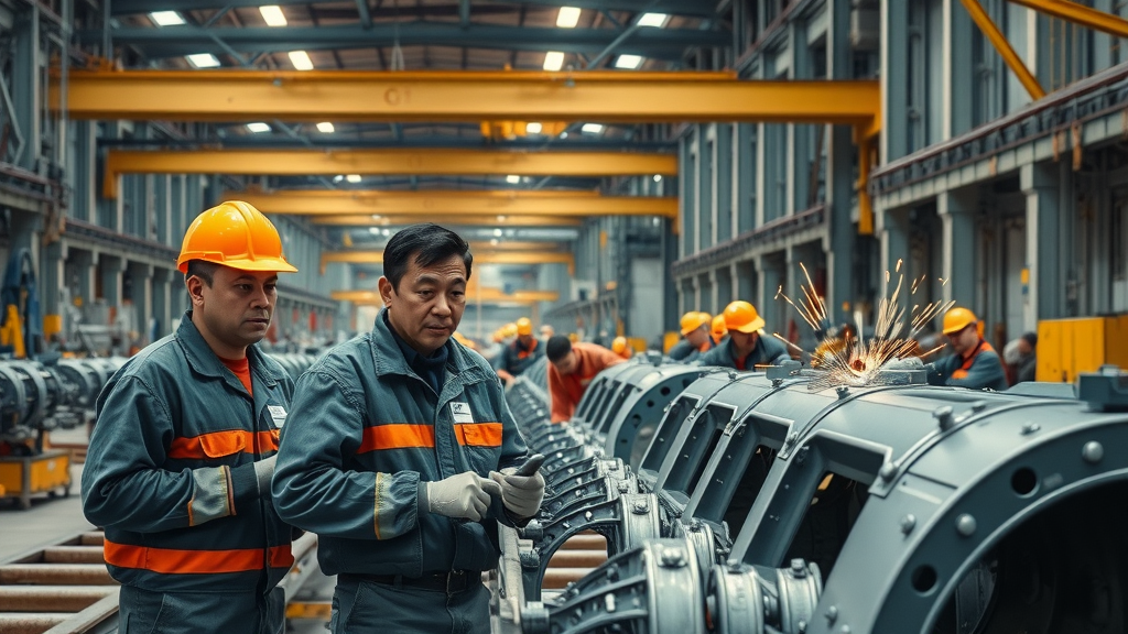 diverse workforce in a bustling Gulf Coast shipyard, assembling ship parts, industrial indoor shipyard setting with vessel frames, welding sparks, metallic grays, safety orange, balanced fluorescent lighting