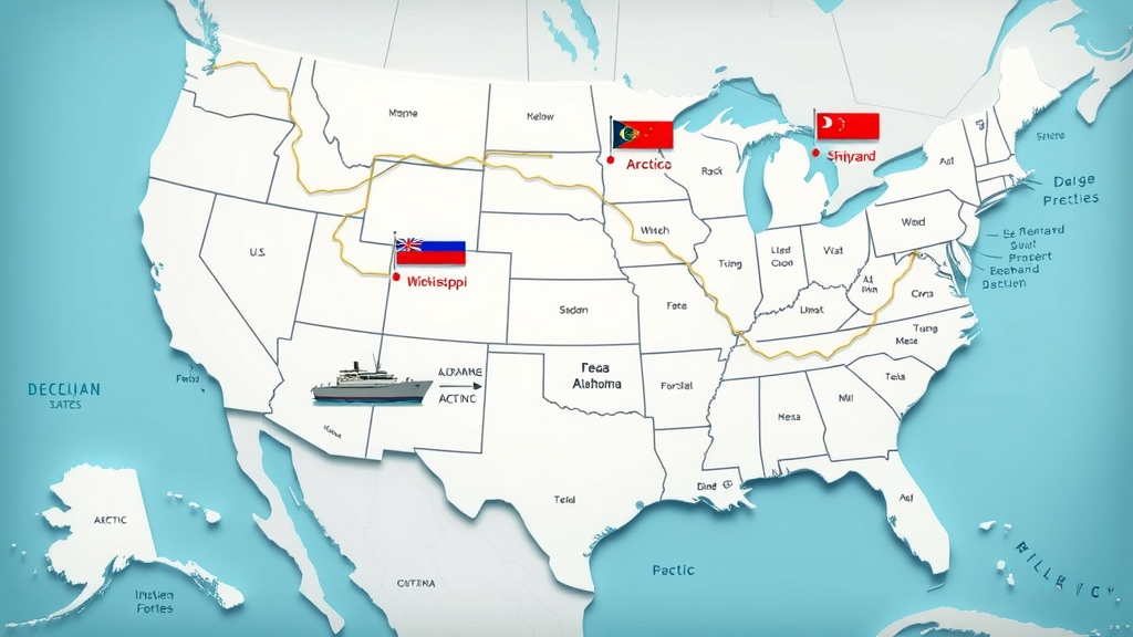 detailed map illustration, United States with prominent shipyard and icebreaker factory locations marked, Texas, Alabama, Mississippi, and Arctic routes, 2D Cartoon style, color-coded regional markers, stylized US geographic background