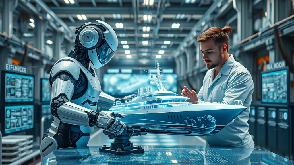 innovative shipbuilding technology with advanced robotic arms, engineers collaborating on high-tech vessel design, futuristic smart shipyard, digital panels holographic ship models, metallic blue tones, LED lighting