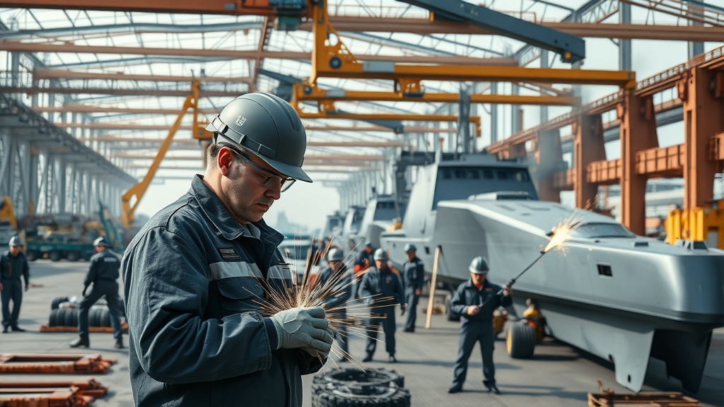 Impressive Austal USA shipyard with engineers and shipbuilders, advanced military vessels under construction, cranes, modular hull sections, and heavy equipment in motion, showcasing sparks from welding and photorealistic metallic surfaces. Main keyword: austal usa