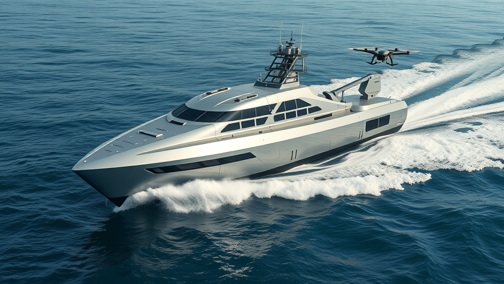Futuristic autonomous naval ship built by Austal USA, sleek and advanced, operating in open ocean with drone and sensor arrays, dynamic photorealistic details, Main keyword: autonomous naval vessel