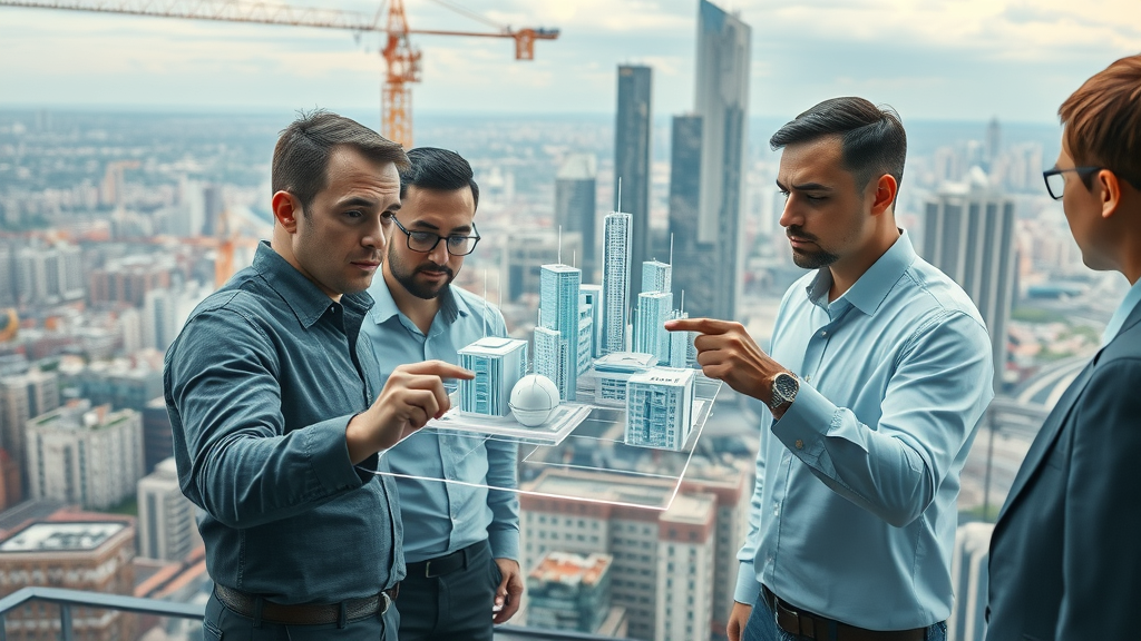 futuristic cityscape under construction, dynamic teams of engineers analyzing holographic digital twin models, determined and collaborative, engineers gesturing and pointing at floating digital models, bustling smart city background, skyscrapers, interactive screens, digital twin model construction, photorealistic high fidelity