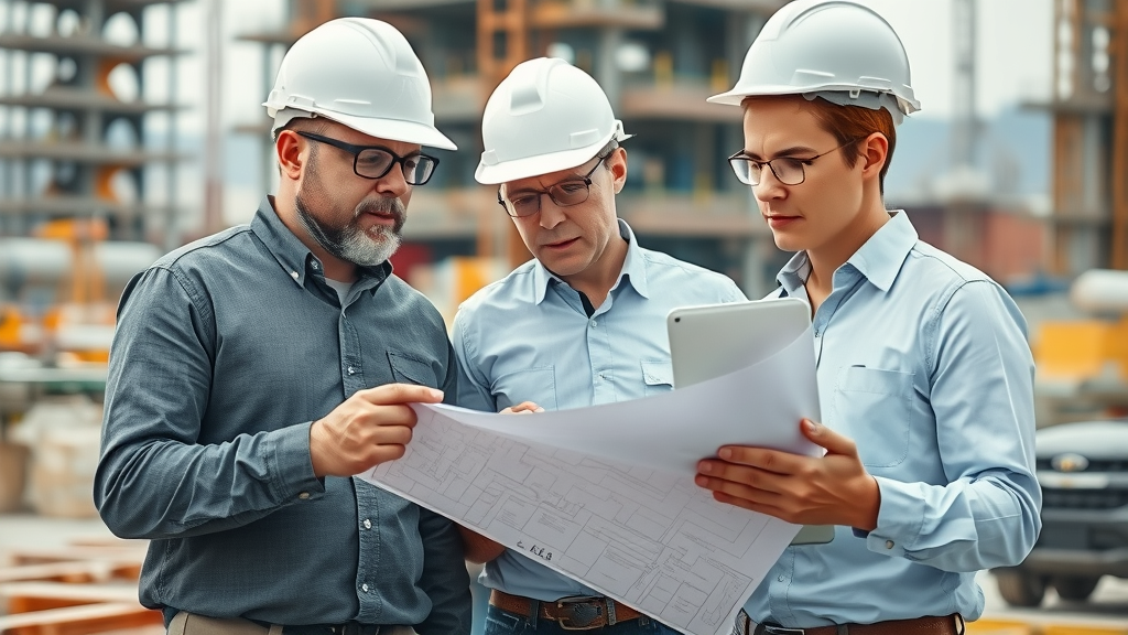 modern construction site with traditional blueprints and digital tablets side by side, architects thoughtfully comparing plans, digital twin model construction, photorealistic high fidelity, blending technology with classic construction methods