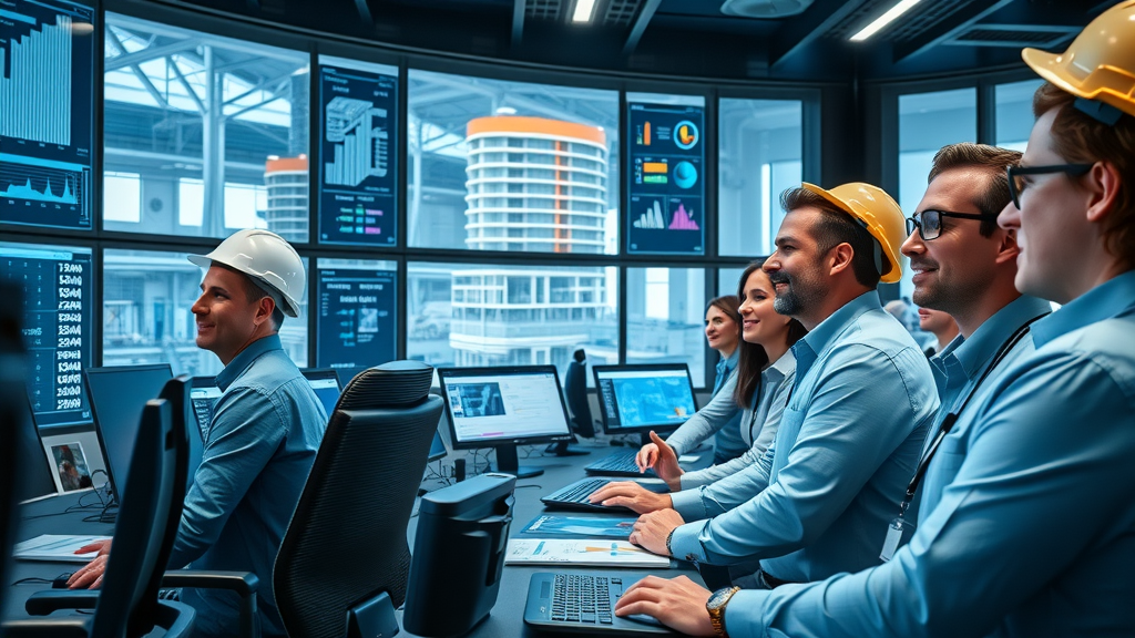 busy control room with digital twin dashboards, construction managers monitoring project updates, digital twin technology in construction, real-time data streams, highly detailed