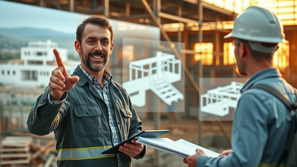 construction project manager presenting with augmented reality overlays, digital twin in construction, confident, project site, tech gadgets, paperwork, highly detailed