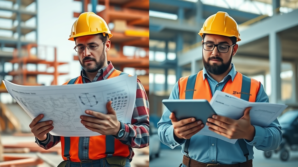 Side-by-side comparison workers blueprints vs workers digital twin models, traditional methods vs digital twin model construction