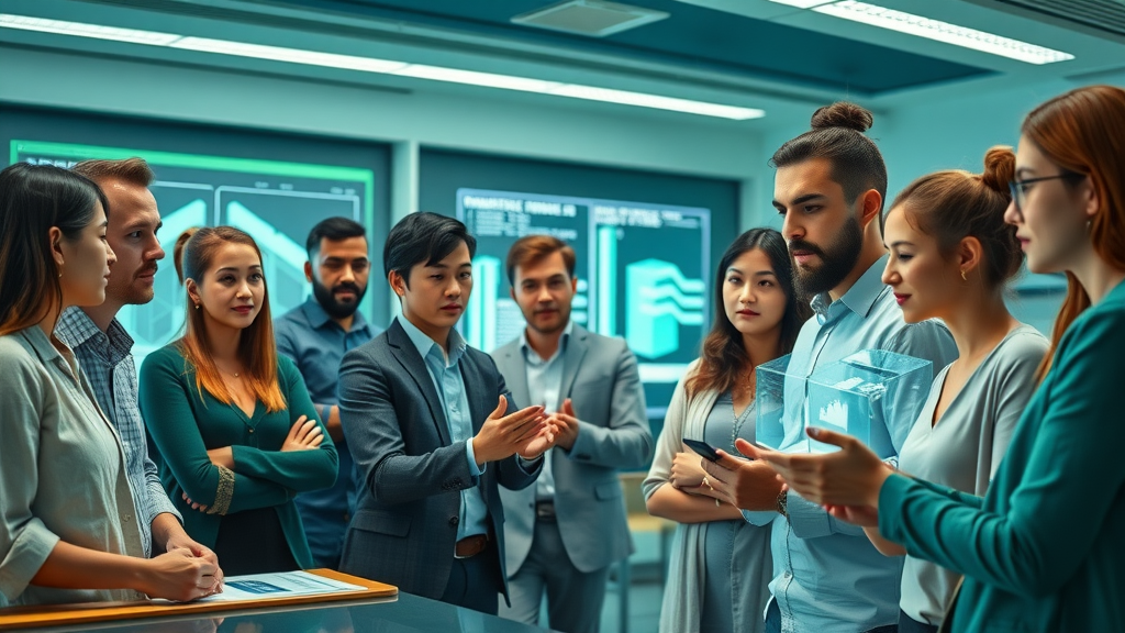 Young professionals in classroom learning digital twin construction technology, innovation teamwork, engaging with virtual displays, highly detailed
