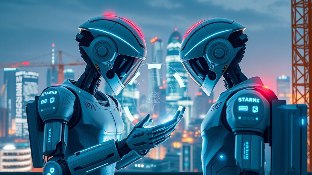 AI-powered smart construction equipment and advanced digital twin system, sensors scanning building components, high-tech digital twin technology