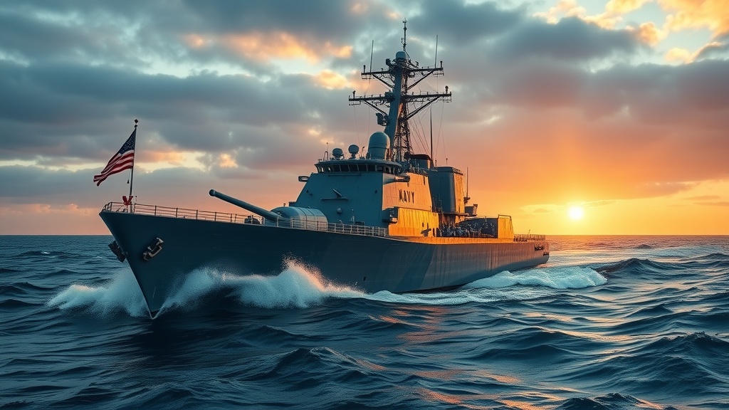 arleigh burke-class destroyer cruising at sunrise on open ocean, US Navy flag flying, photorealistic, dramatic seascape