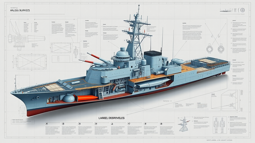 cutaway diagram of arleigh burke-class destroyer showing weapons, systems, compartments, 3D render