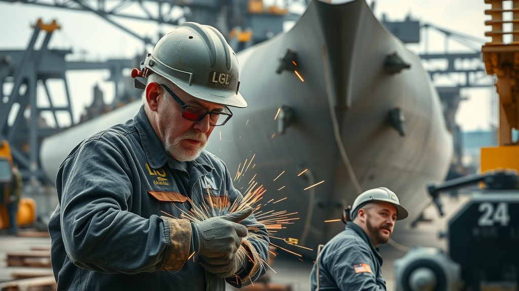 Bath Iron Works shipyard building arleigh burke-class hull sections, welders and machinery in action, photorealistic