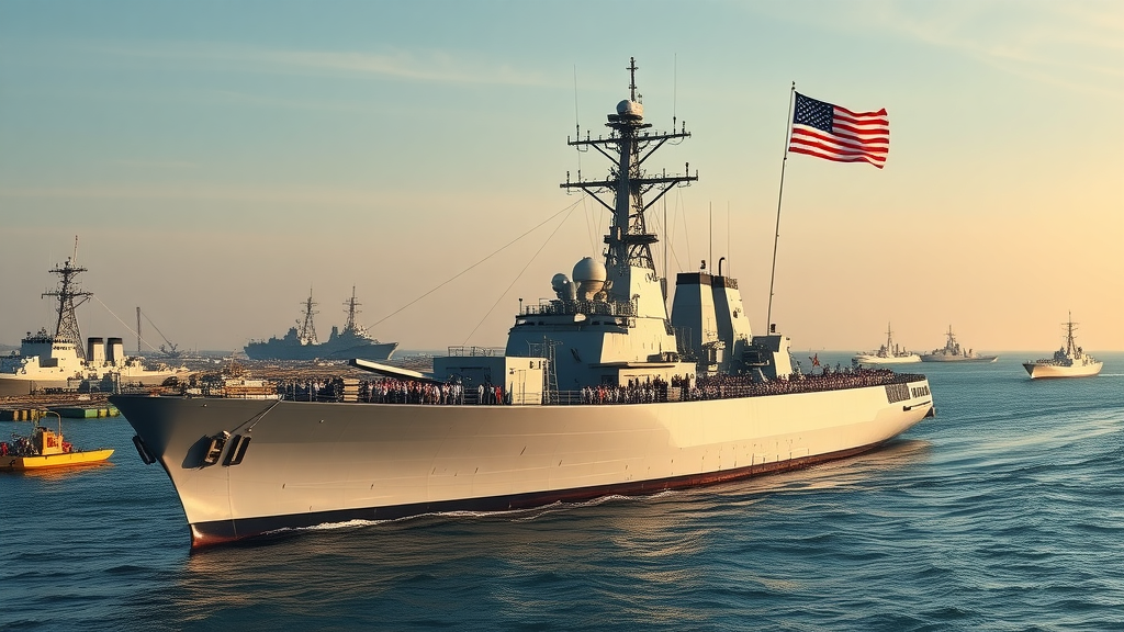 Flight I arleigh burke-class destroyer at harbor, crew raising flag, photorealistic