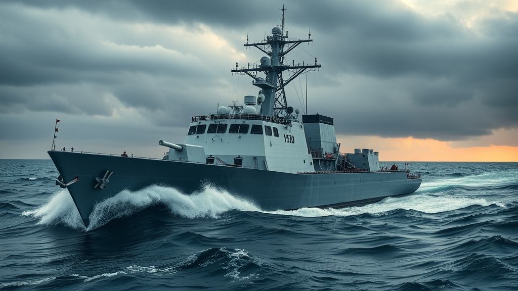 state-of-the-art Flight III arleigh burke-class destroyer underway in storm, advanced electronics