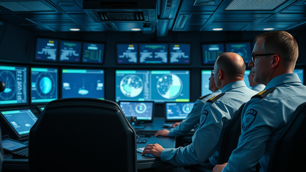 Aegis Combat System operations center, Navy crew at digital displays, photorealistic