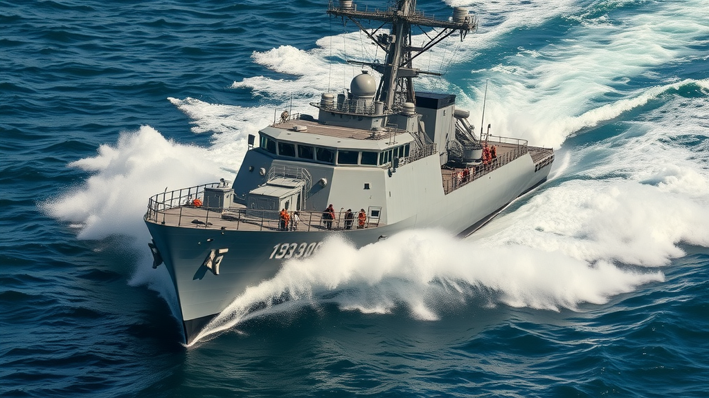 arleigh burke-class destroyer at full speed, crew on deck, white wake at sea, photorealistic