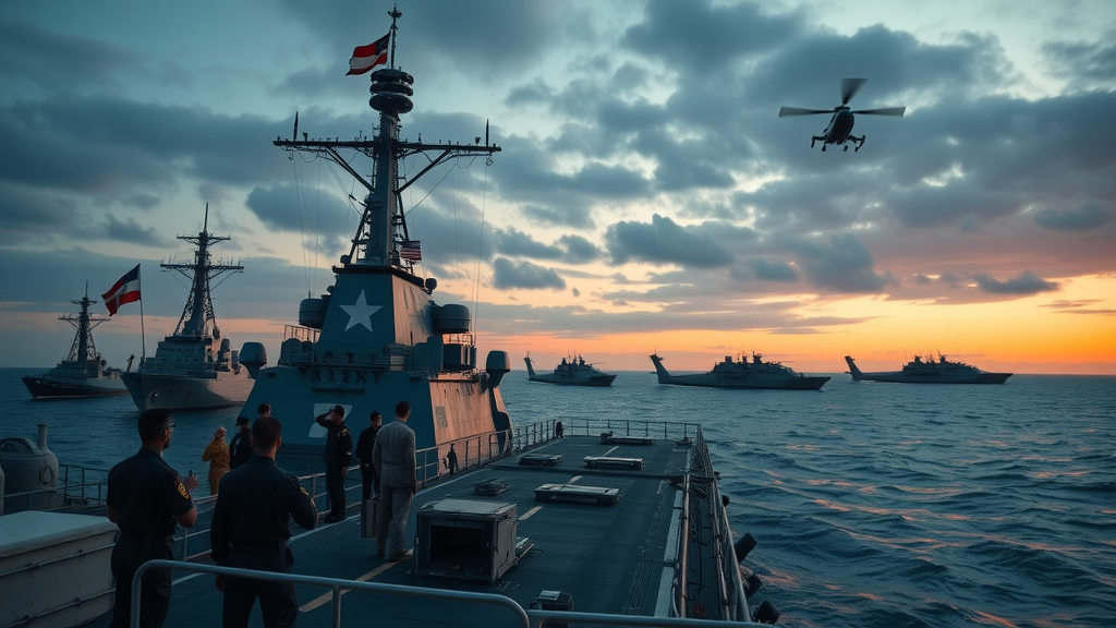 arleigh burke-class destroyer during multinational exercise, international crews signaling, photorealistic